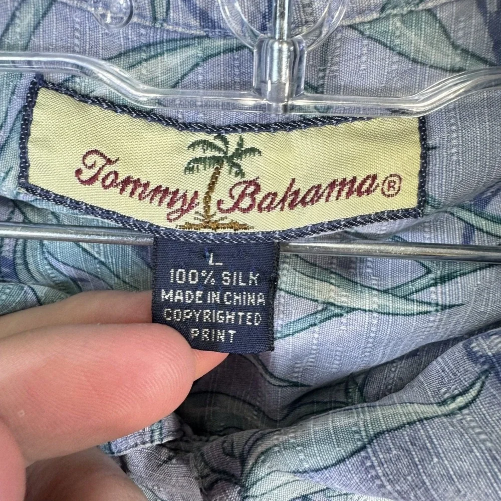 Tommy Bahama Mens‎ Large 100% Silk Blue Bamboo Leaf Print Hawaiian Camp Shirt